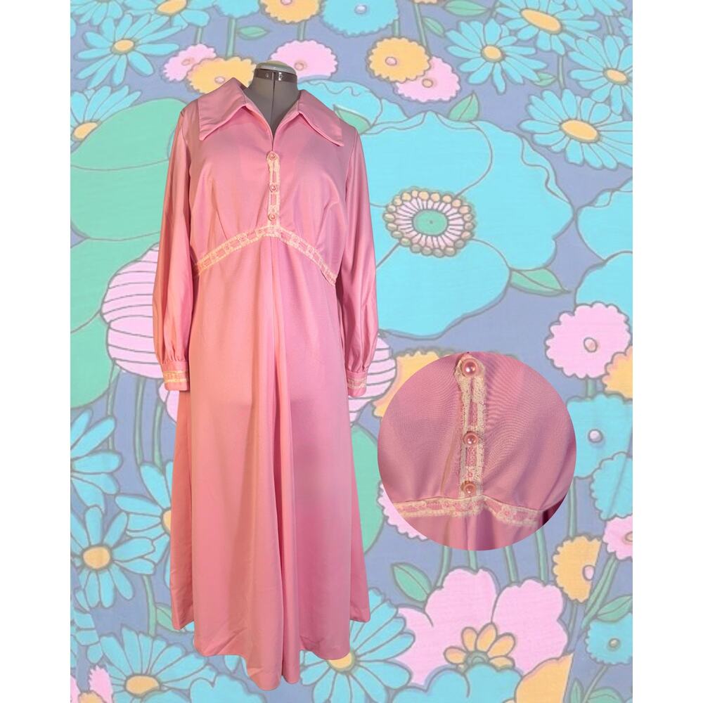 Volup Vintage 60s 70s Pink Lace Cottagecore Maxi Granny Bishop Sleeve Dress 1X